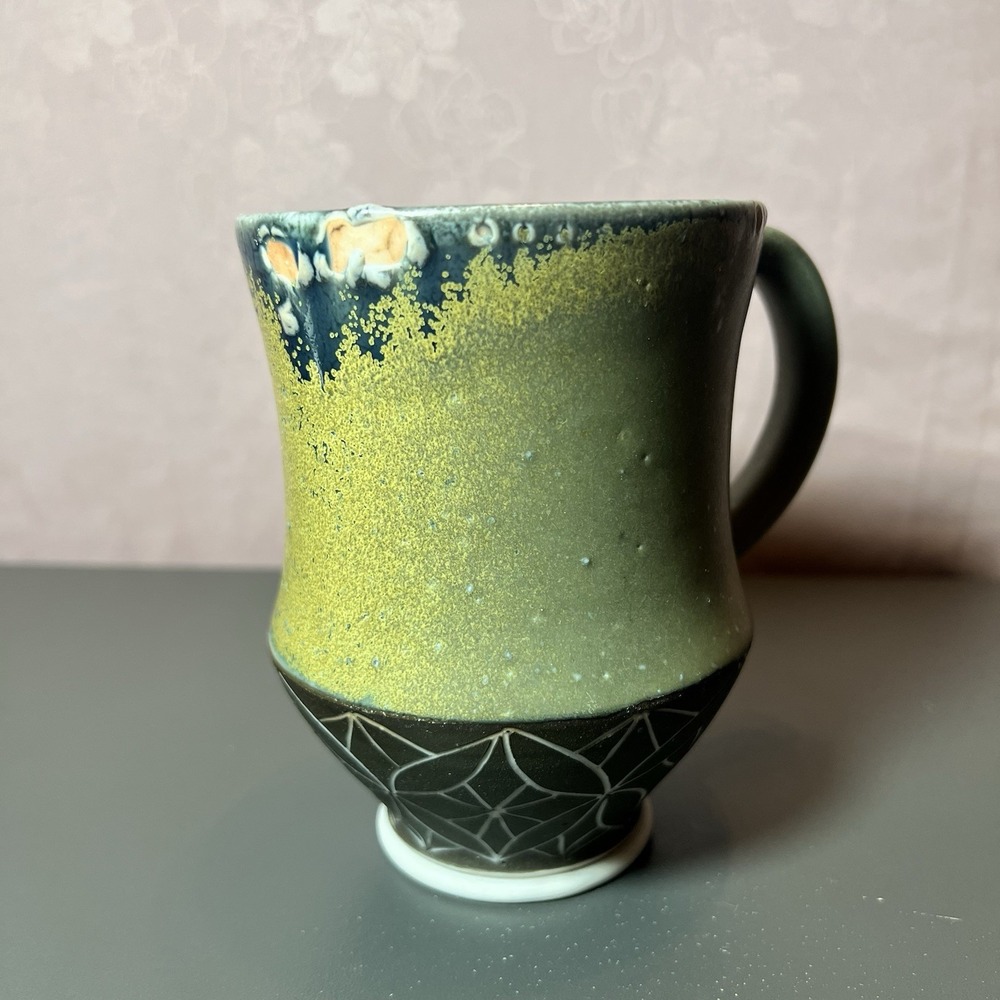 Handmade Studio Pottery Mug - Crystalline Glaze Sgraffito Base - Maker Marked MC